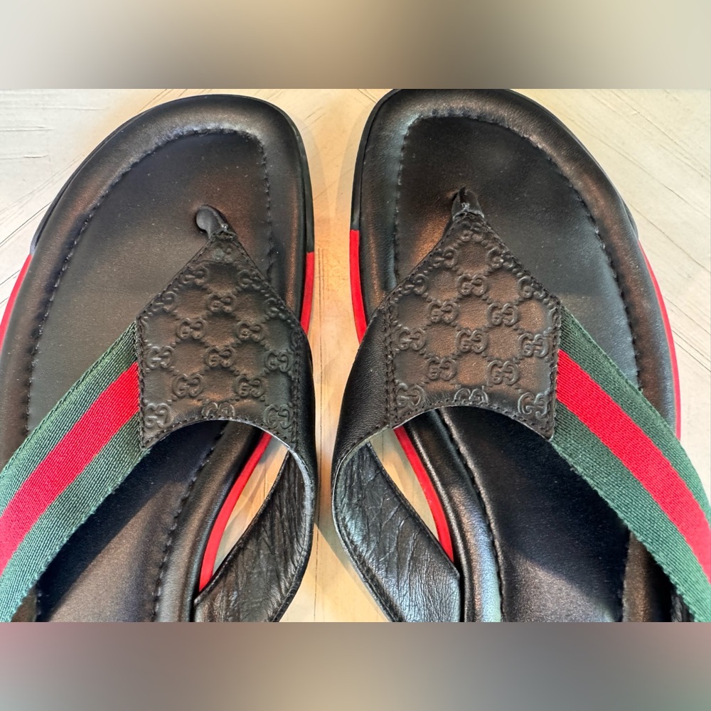Gucci GG Microguccissima Web Leather Thong Sandals Men’s 9 Black Made in Italy - Picture 9 of 14